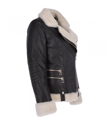 Women Biker Genuine Leather Jacket Side Zip with Sheepskin Collar Luxury